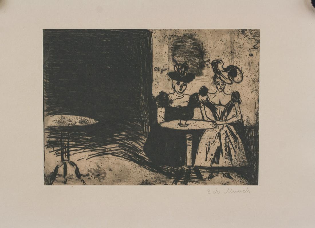 Edvard Munch Norwegian Expressionist Signed Litho: Lithograph on paper. Featuring a portrait scene within cafe. Signed Ed Munch in pencil on the lower right corner. Attributed to Edvard Munch (1863-1944, Norwegian). 21 x 29 cm (8.3 x 11.4 inches). PRO