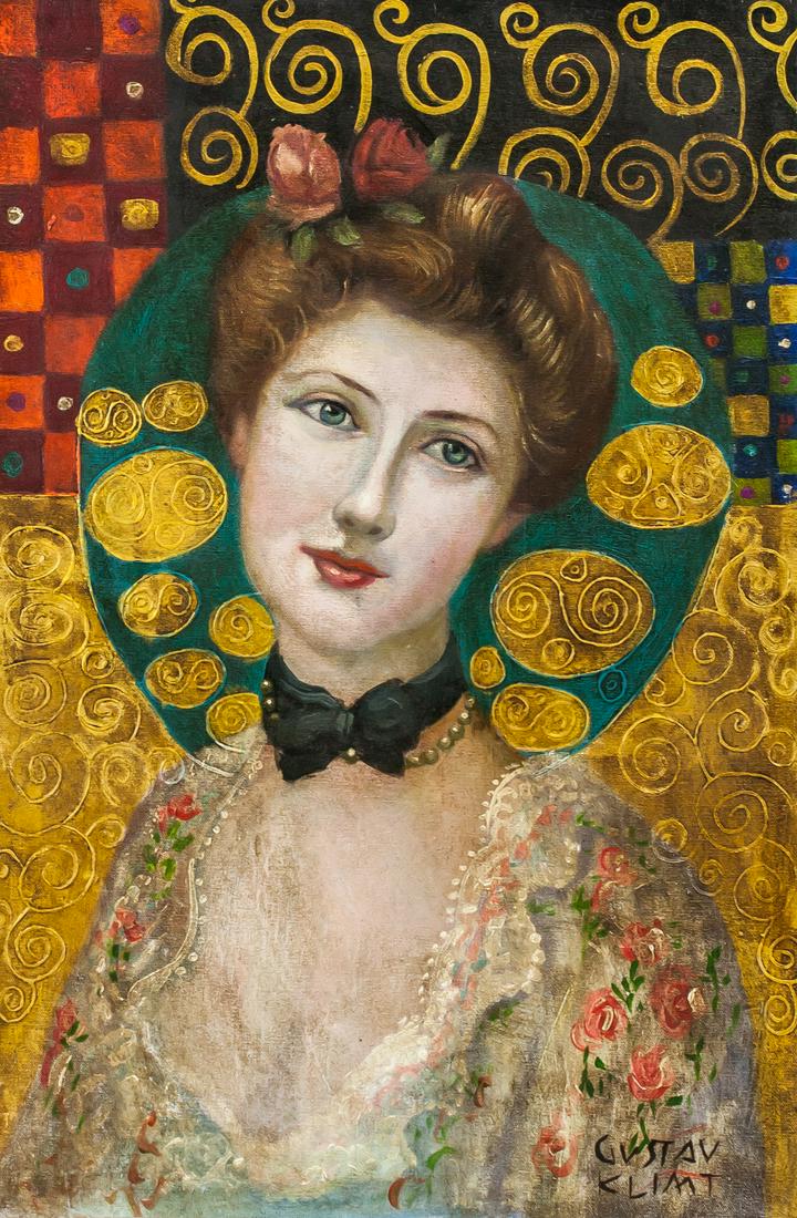 Gustav Klimt Austrian Oil on Canvas LEFEVRE: Oil on canvas. Featuring portrait of a woman. Signed "GUSTAV KLIMT" in the bottom right corner. Stamp on verso reads "GALERIE RENOU ET POYE PARIS". Another stamp on verso reads "CERTIFICACION". Sticke