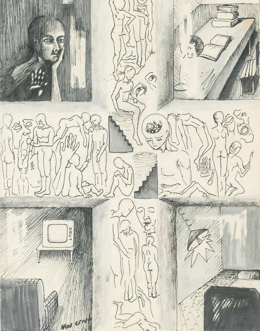 Max Ernst German Modernist Mixed Media on Paper: Mixed media on paper. Featuring a portrait surrealist composition showing nude figures. Signed max ernst on the lower left corner. Attributed to Max Ernst (1891-1976, German). 38 x 29 cm (15 x 11.5 in