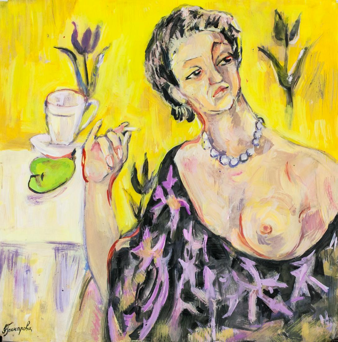 Natalia Goncharova Russian Futurist Tempera: Tempera on paper. Featuring a portrait of nude female holding cigarette in her hand. Signed Goncharova in Russian Cyrillic. Attributed to Natalia Goncharova (1881-1962, Russian). 30 x 29.5 cm (11.8 x 