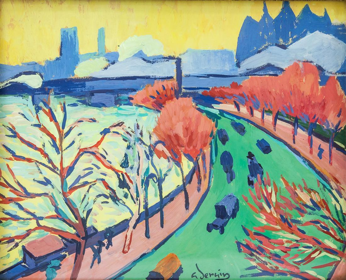 Andre Derain French Fauvist Gouache and Tempera: Tempera and gouache on paper, framed. Featuring a colorful landscape. Signed a derain on the lower edge. Attributed to Andre Derain (1882-1954, French) on the bottom. Faint gallery seal on verso. 19.5