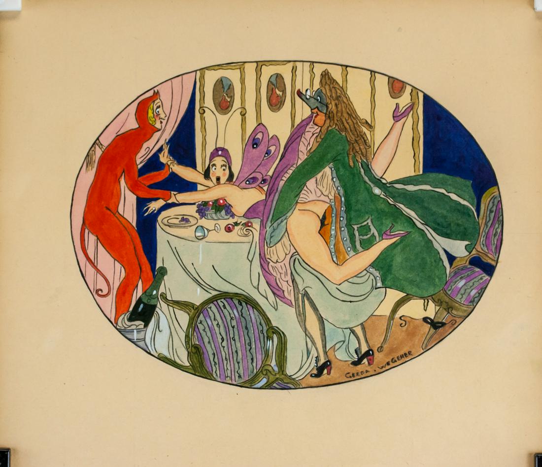 Gerda Wegener Danish Mixed Media BOUL HAUSSMANN: Mixed media on paper. Featuring erotic scene with three figures. Signed "Gerda Wegener" toward the bottom right. "Galerie Beyeler Paris" stamped on verso. "Galerie Mathias Fels & C 138. BOUL HAUSSMANN