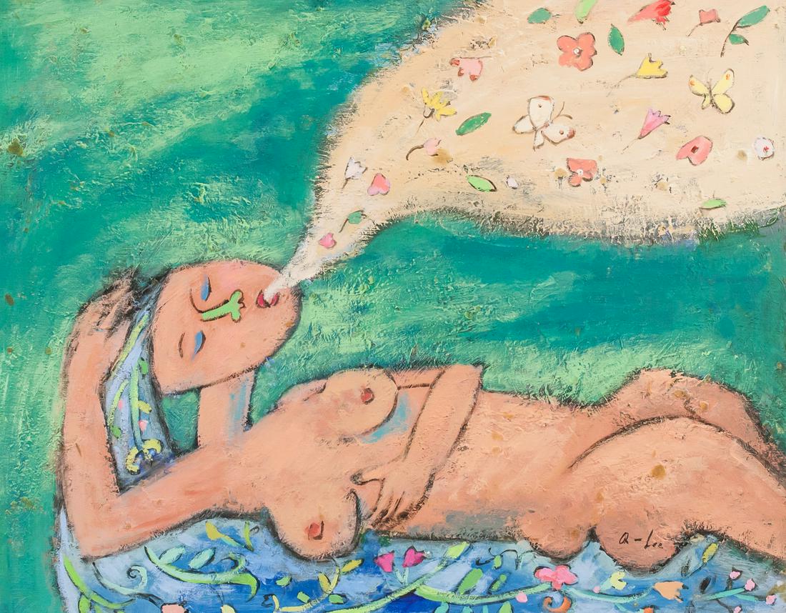 Korean Oil on Panel Nude Girl Signed Q-Lee: Oil on panel. Featuring a nude blowing out butterlies and flower petals. Signed Q-Lee on the lower right corner. Korean, 20th century. 41 x 51 cm (16 x 20 inches)