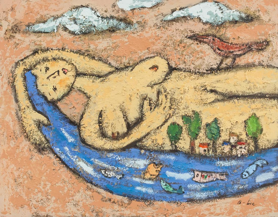 Korean Oil on Panel Nude Girl Signed Q-Lee: Oil on panel. Featuring a nude surrealist scene with hair being strewn out as the river with settlement and fishes. Signed Q-Lee on the lower right corner. 41 x 51 cm (16 x 20 inches)