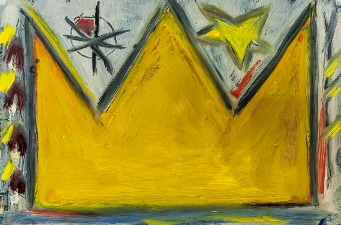 Jean-Michel Basquiat US Neo-Expressionist Mixed: Mixed media on paper. Featuring a crown. Signed JMB on verso. Inscribed with one line running down the middle of the card and a box with a large X crossed through on verso. Attributed to Jean-Michel B