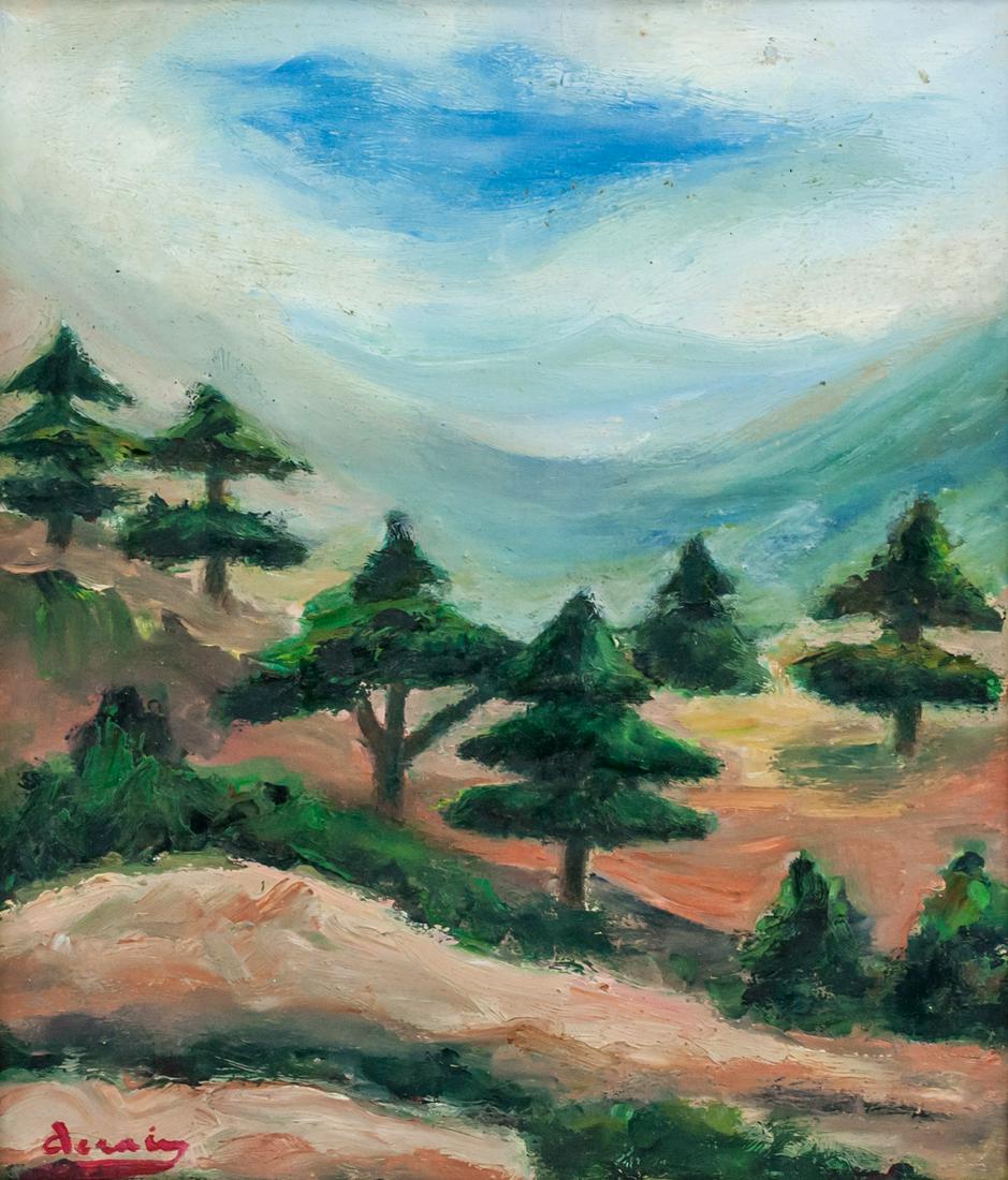 Andre Derain French Modernist Oil on Board: Oil on board, framed. Featuring misty landscape. Signed "derain" in the lower left corner. Frame in poor condition. Attributed to Andre Derain (1880-1954, French). 25 x 28.5 cm (9.8 x 11.2 in), Frame: