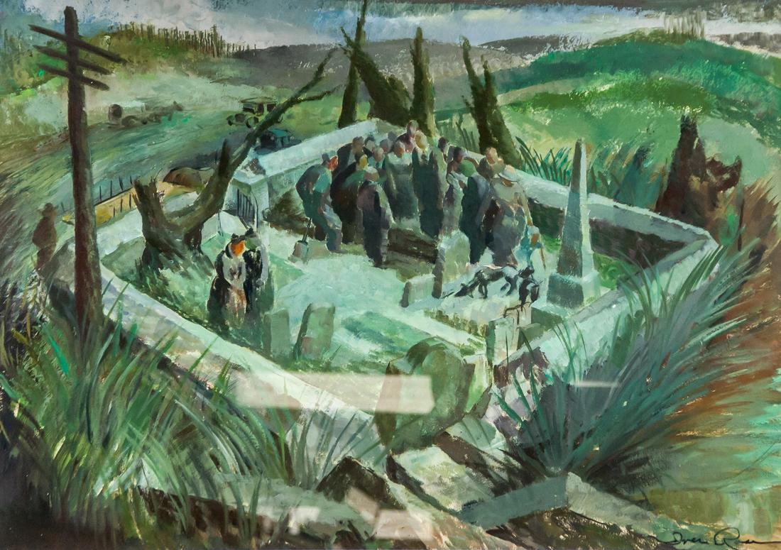 Iver Rose American Mixed Media on Paper Signed: Mixed media on paper, framed. Featuring a funeral burial scene. Signed Iver Rose on the lower right corner. Verso inscribed ESTABLISHED 1890 / J H. Miller Picture Framing Co. / 305 Bridge Street / Spr