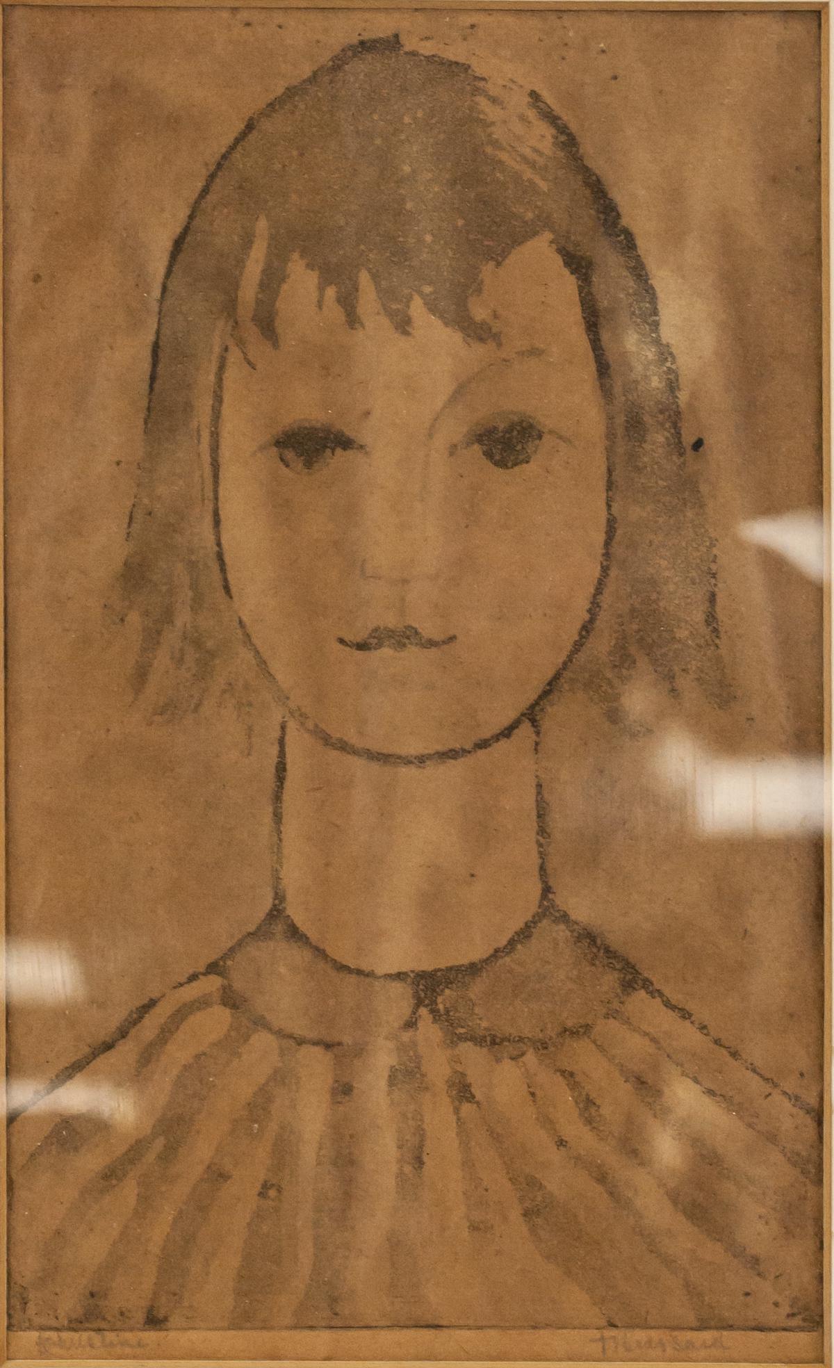 Ink on Paper Portrait Girl Sketch Signed L'Atelier (1 of 10)