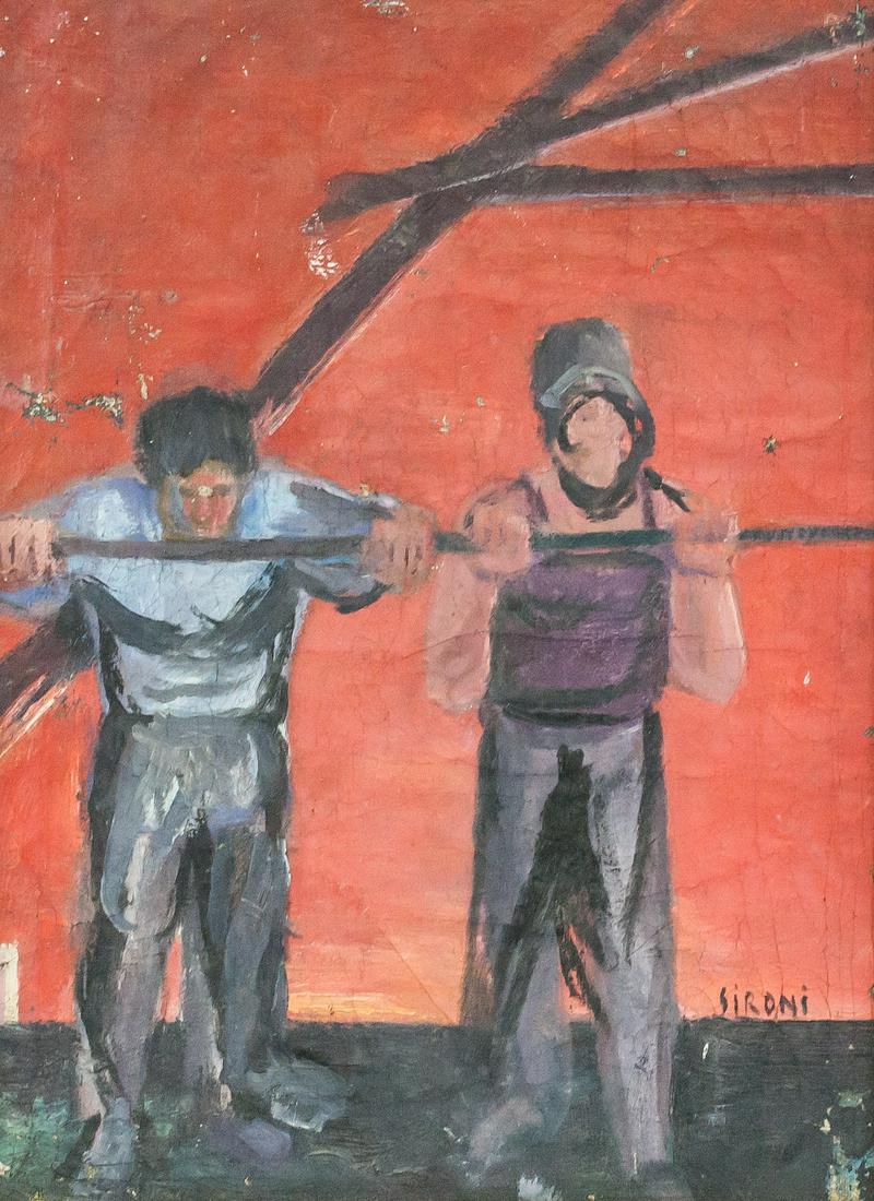 Mario Sironi Italian Modernist Oil on Canvas: Oil on canvas, framed. Featuring a portrait of workers. Signed SIRONI on the lower right corner. Attributed to Mario Sironi (1885-1961, Italian). 46 x 34 cm (18 x 13.5 inches). Frame: 51 x 39.5 cm (20