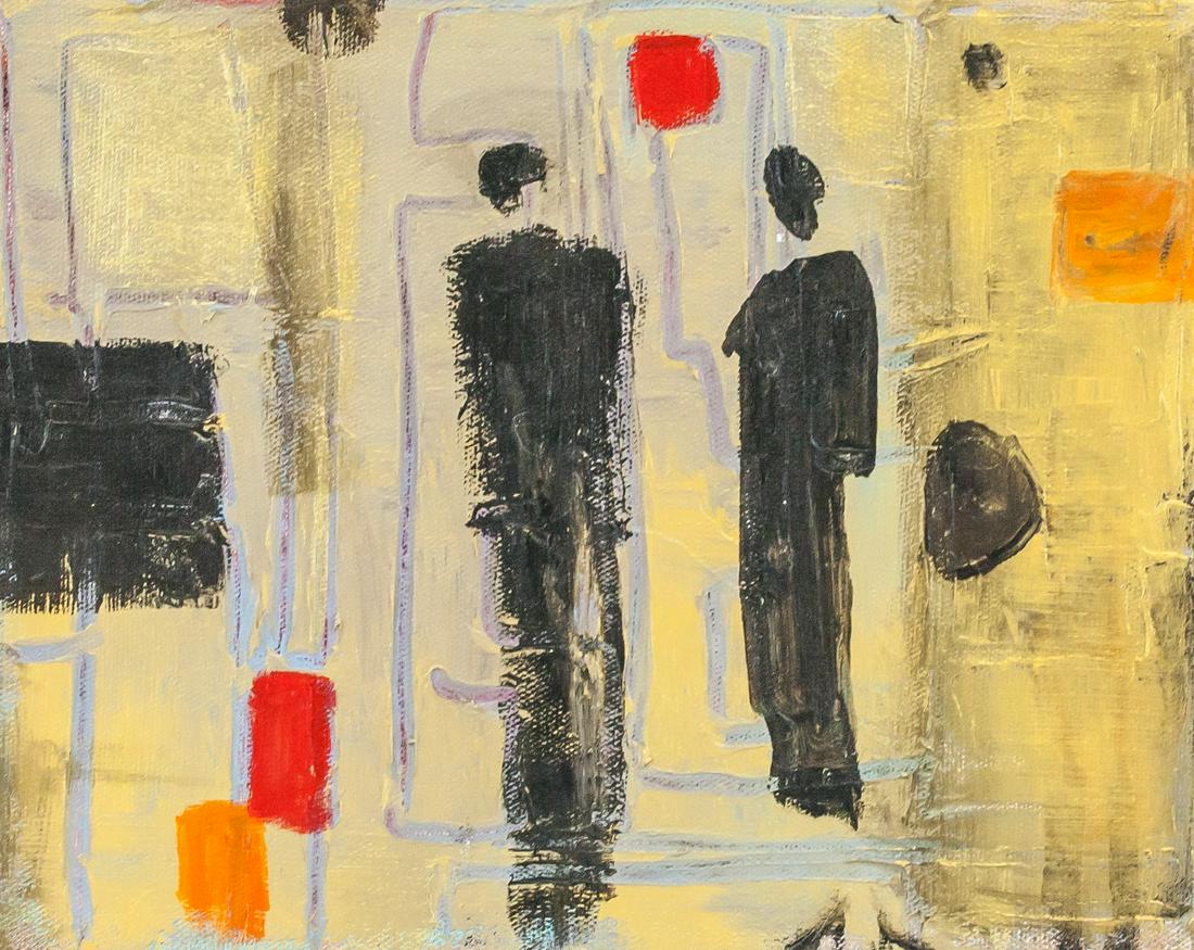 Franco Mondini-Ruiz 1961- American Acrylic (2008): Acrylic on canvas. Featuring abstract portrait composition. Entitled, "They met at the Met" on verso. Signed by Franco Mondini-Ruiz (1961- , American) on verso and dated 2008 while also being inscribe