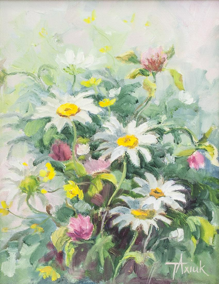 Tanya Axiuk Ukrainian-Canadian Oil on Canvas Still: Oil on canvas still life of flowers. Signed and attributed to T Axiuk on the lower right corner. Attributed to Tanya Axiuk. 9.5 x 7.5 inch (24.1 x 19.1 cm). Provenance: Private Canadian collection, Mo