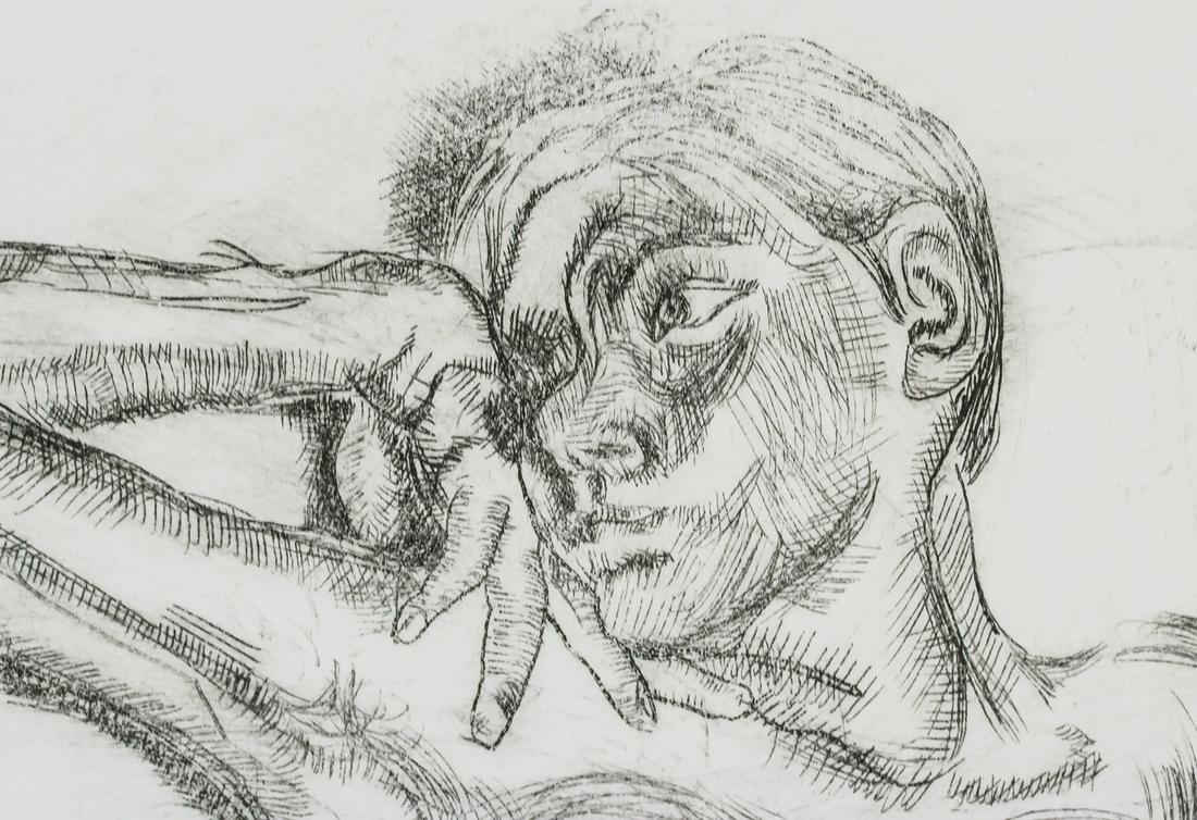 Lucian Freud British Signed Linocut Proof LF: Linocut on paper. Featuring nude portrait of woman. Inscribed Proof 1/v and L.F. on the lower left and lower right corner, respectively. Stamped KUNSTGALERIE / BERLIN on verso. Attributed to Lucian Fr