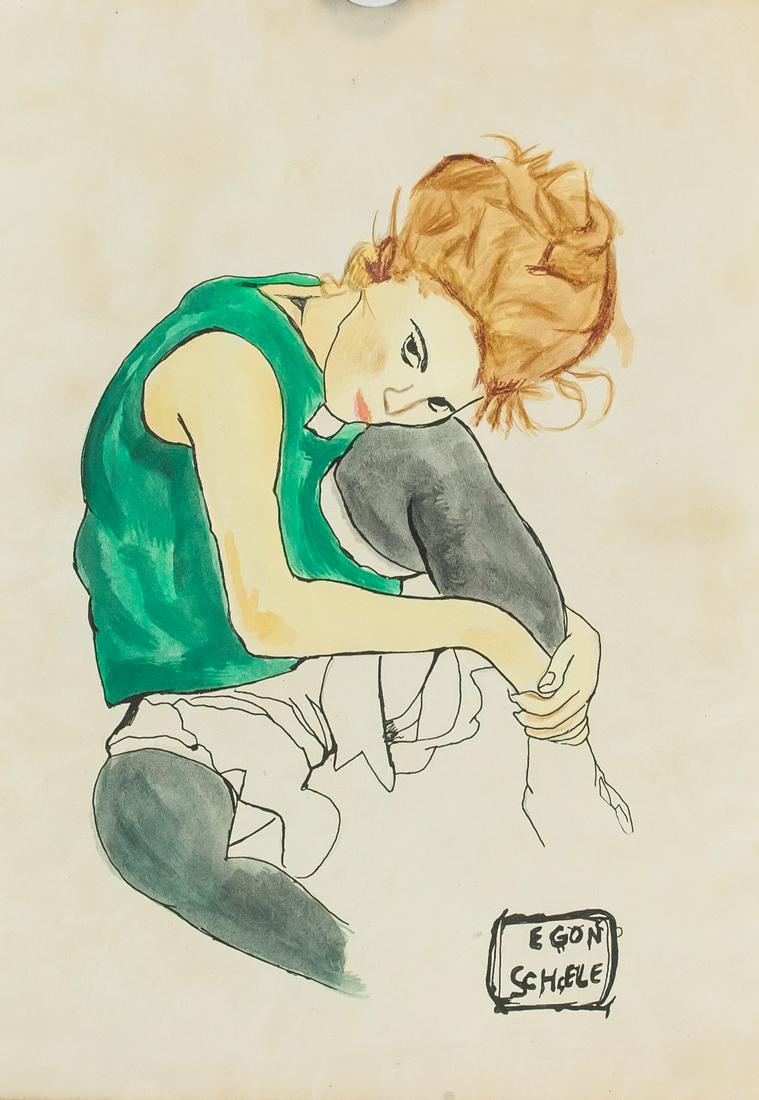 Egon Schiele Austrian Mixed Media LEOPOLD MUSEUM: Mixed media on paper. Featuring a portrait of a woman. Signed EGON SCHIELE on the lower right corner. Stamped LEOPOLD MUSEUM on verso. Attributed to Egon Schiele (1890-1918, American). 30 x 21 cm (11.