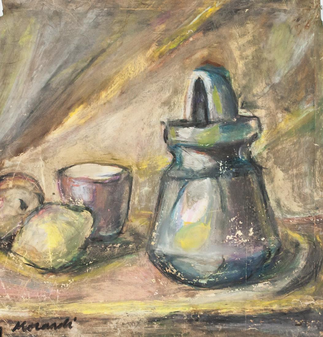 Giorgio Morandi Italian Modernist Pastel on Paper: Pastel on paper. Featuring a still life of jug, cup and fruits on table. Signed Morandi on the lower left corner. Attributed to Giorgio Morandi (1890-1964, Italian). 42 x 41 cm (16.75 x 16.5 inches).