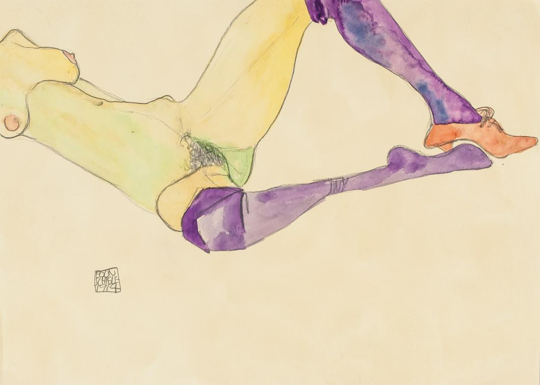 Egon Schiele Austrian Pencil and Watercolor 1914: Pencil and watercolor on paper. Featuring a nude woman. Signed EGON SCHIELE and inscribed 1914 below signature on the lower left corner. Attributed to Egon Schiele (1890-1918, Austrian). 34 x 25 cm (1