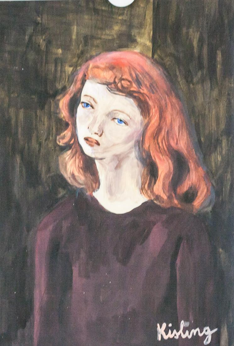 Moise Kisling French Oil and Tempera on Paper: Oil and tempera on paper. Featuring portrait of a red-haired woman with piercing blue-eyes. Signed "Kisling" in the bottom right corner. "44" inscribed on verso. "[illegible] INTERNATIONALE PARIS" sta