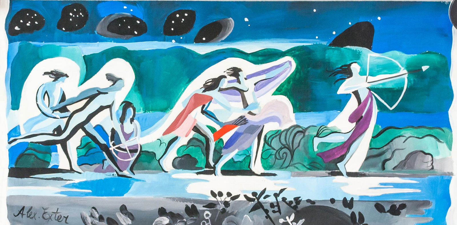 Alexandra Exter Ukrainian Cubist Gouache on Paper: Gouache on paper. Featuring a sweeping mythical landscape scene. Signed Alex Exter on the lower left corner. Attributed to Alexandra Exter (1882-1949, Russian). 4.7 x 9.8 in. (12 x 25 cm). Provenance: