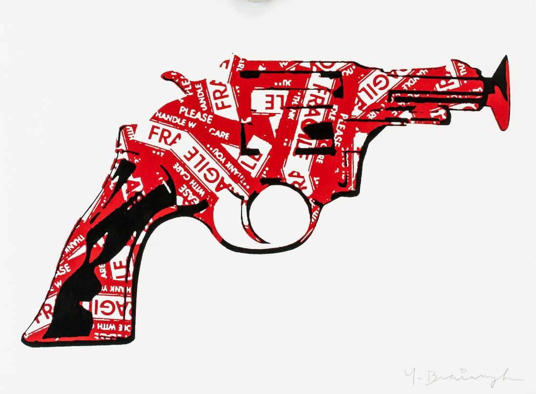 Mr. Brainwash French Signed Silkscreen 14/100: Silkscreen on paper. Featuring a red pistol revolver. Signed M-Brainwash on the lower right corner in pencil. Inscribed 14/100 and 4531 in pencil on verso. Stamped ART FAIR, LONDON on verso. Attribute