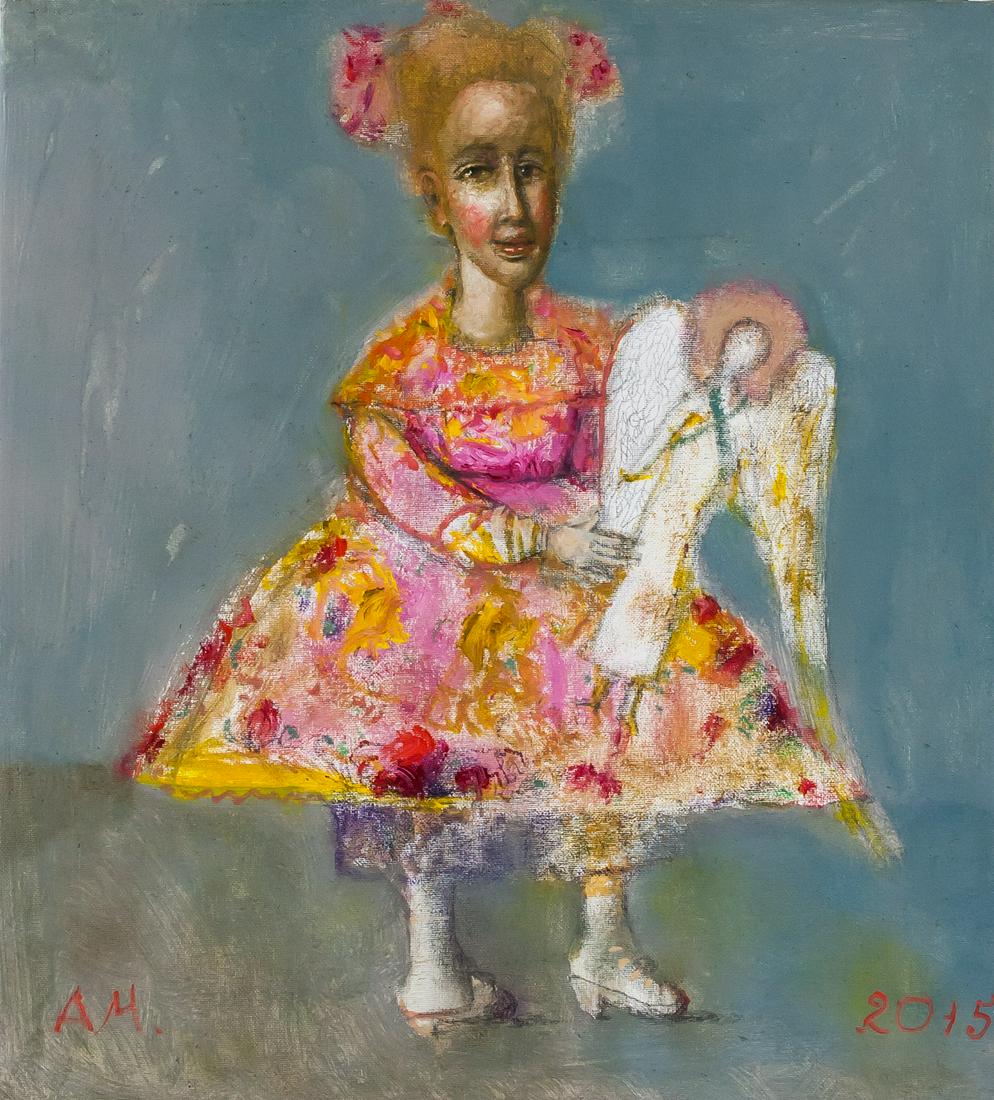 Andrei Medvedev 1960- Russian Surrealist OOC: Oil on canvas. Featuring a portrait of a figure atop horse. Entitled "Angel." Signed by Andre Medvedev (1960- , Russian) and dated 2015. Verso inscribed with artist name, title and date. 51 x 46 cm (2