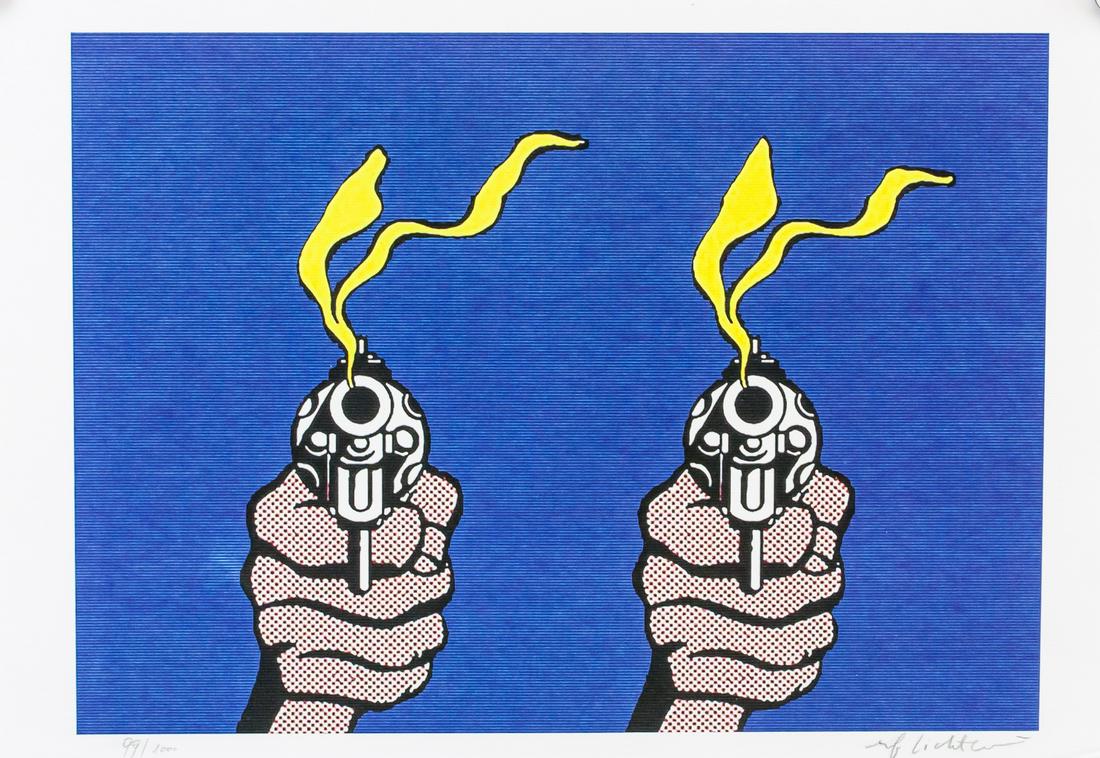 Roy Lichtenstein American Pop Signed Litho 99/1000: Lithograph on paper. Featuring two guns just fired. Signed Roy Lichtenstein and inscribed 99/1000 on the lower right and lower left corner, respectively. Inscribed PISTOL - Roy Lichtenstein - NYC 1968