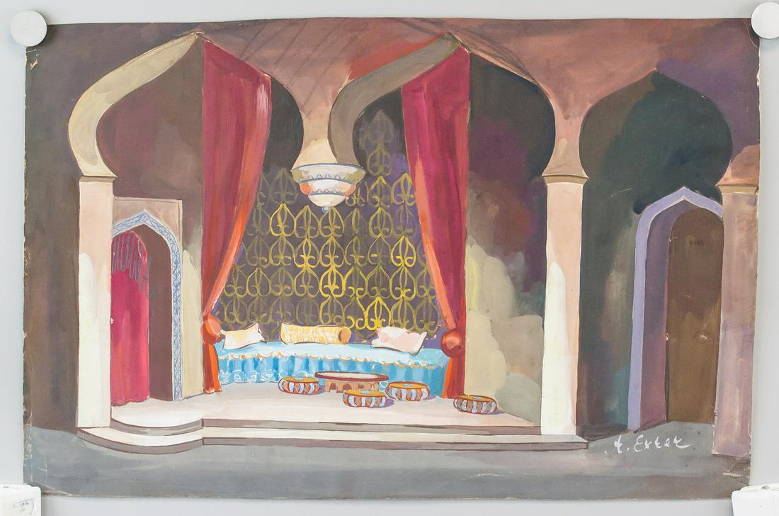 Alexandra Exter Russian Gouache on Paper Interior: Gouache on paper. Featuring a sitting room with a blue futon-style couch, a small table, and small stools. Signed "A. Exter" in the bottom right corner. Four courtly costumed men on verso. Attributed