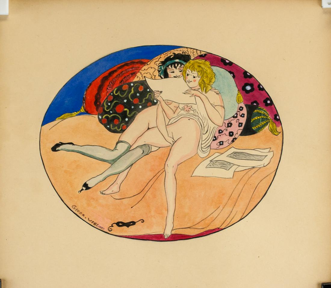 Gerda Wegener Danish Mixed Media BOUL HAUSSMANN: Mixed media on paper. Featuring erotic scene with two women. Signed "Gerda Wegener" toward the bottom left. "Galerie Beyeler Paris" stamped on verso. "Galerie Mathias Fels & C 138. BOUL HAUSSMANN - PA