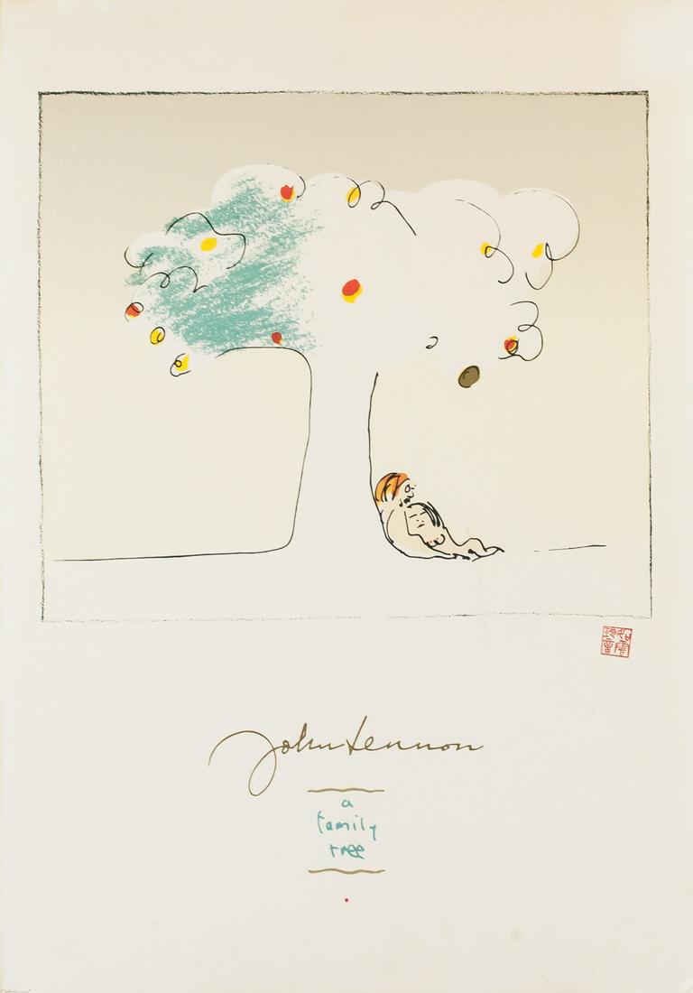 John Lenon British Lithograph A Family Tree: Lithograph on paper. Featuring two nude figures beneath an apple tree. "John Lennon a family tree" present beneath image. Stamp near bottom right of image. "John Lennon" present in bottom left corner.