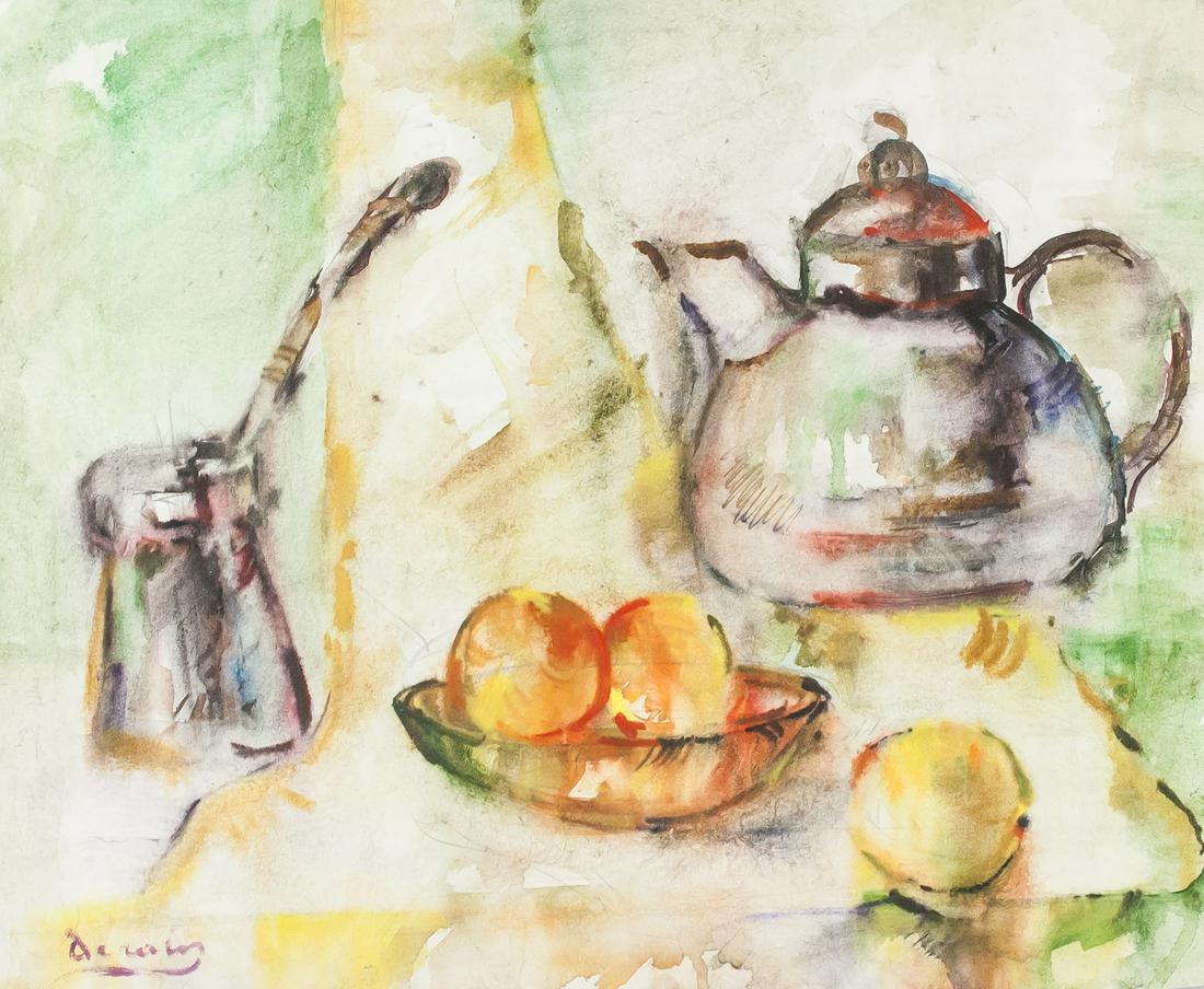 Andre Derain French Watercolor on Paper Still Life: Watercolor on paper. Featuring still-life of a tea-kettle, with fruits, and another silver instrument. Signed "derain" in the bottom left corner. Attributed to Andre Derain (1880-1954, French). 43 x 5