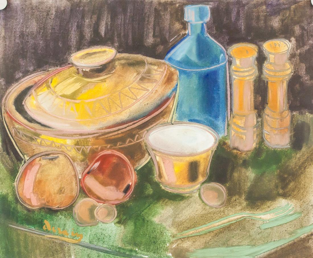 Andre Derain French Pastel on Paper: Pastel on paper. Featuring still-life of household items. Signed "derain" to the bottom left. Attributed to Andre Dreain (1880-1954, French). 46 x 55 cm (18 x 21.5 in). Provenance: This lot carries li