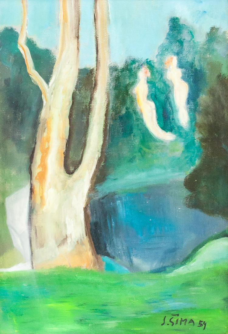 Josef Sima Czech OOC LEMOINE PERIGNON '59: Oil on canvas, framed. Featuring an abstract landscape scene. Signed J. SIMA and inscribed 59 beside signature. Gallery label affixed to stretcher bar of verso inscribed LEMOINE PERIGNON & C / EXPRESS