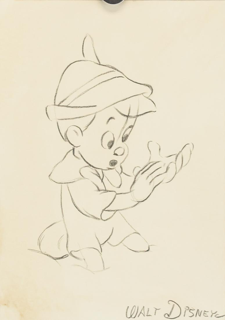 Walt Disney American Pencil on Paper Pinocchio: Pencil on paper. Sketch of Pinocchio. Signed "WALT DISNEY" in the bottom right corner. "ORIGINAL" stamped on verso in red. "Property of: Walt Disney Productions" stamped on verso. "#371" inscribed fai