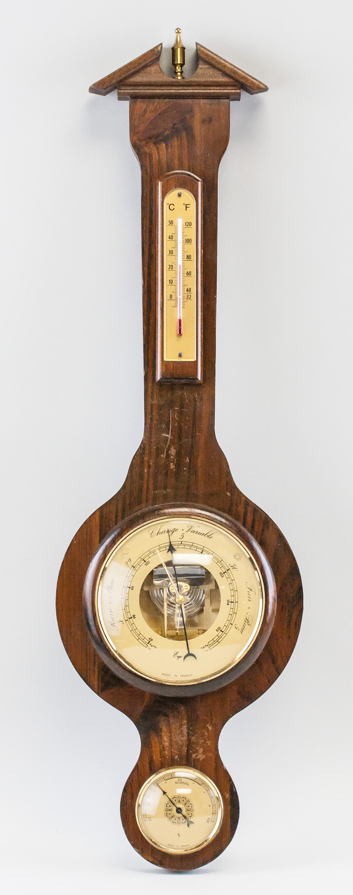 French Hanging Barometer "Made In France": French hanging barometer. Of wood and metal. "MADE IN FRANCE" printed on the barometer. 17 x 68 cm, 957 grams