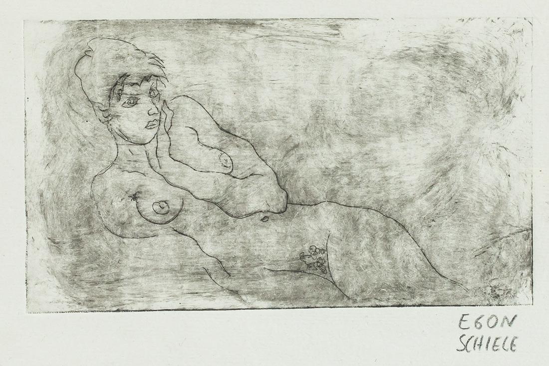 Egon Schiele Austrian Signed Linocut Etching 1881: Linocut etching on paper. Featuring a reclining nude. Signed EGON SCHIELE in pencil on the lower right corner. Chopmark on the lower right corner. Stamped DIE SCHWARZE KATZE 1881 KUNSTGALERIE BERLIN o