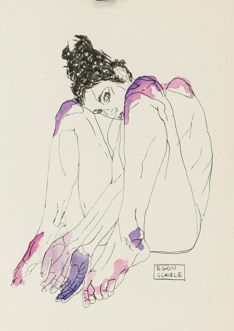 Egon Schiele Austrian Modernist Ink and Watercolor: Ink and watercolor on paper. Featuring sketch of a nude female figure. Signed "EGON SCHIELE" near the bottom right corner. Attributed to Egon Schiele (1890-1918, Austrian). 29 x 20 cm (11.5 x 8 inches