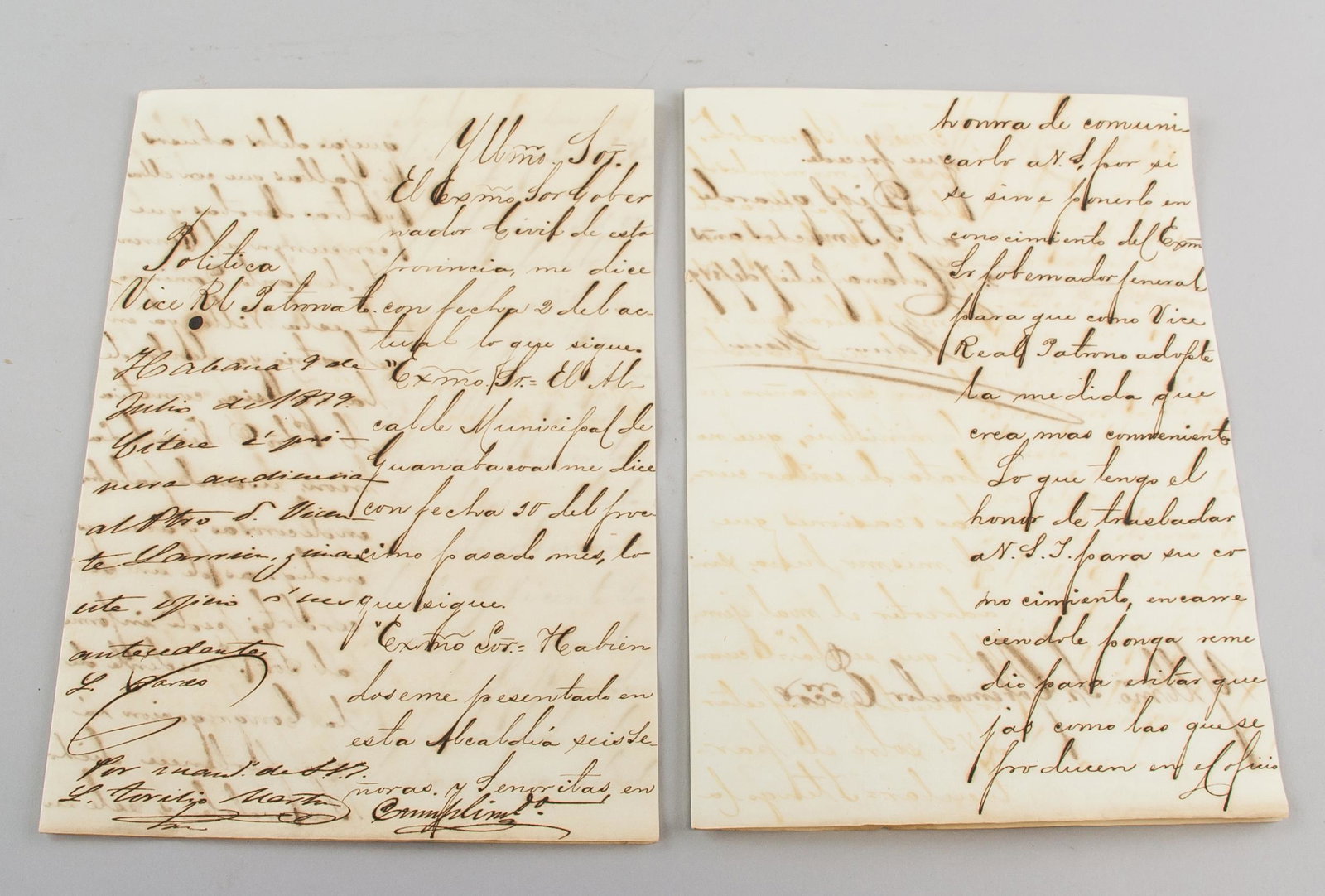19th C. Cuban Report by Cuban Women Ramon Blanco: A 2-page 19th Century Cuban report, written in a neat cursive hand, 22 x 32 cm. The manuscript states the following, "The Capitain General of Cuba states that the mayor of Guanabacoa (near Havana) say