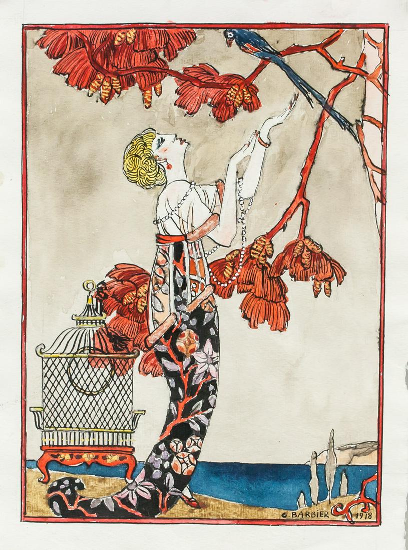 George Barbier French Modernist Gouache 1918: Gouache on paper. Featuring a portrait of a woman. Signed G. Barbier and inscribed 1918 beside signature on the lower right corner. Attributed to George Barbier (1882-1932, French). 31 x 22 cm (12 x 9