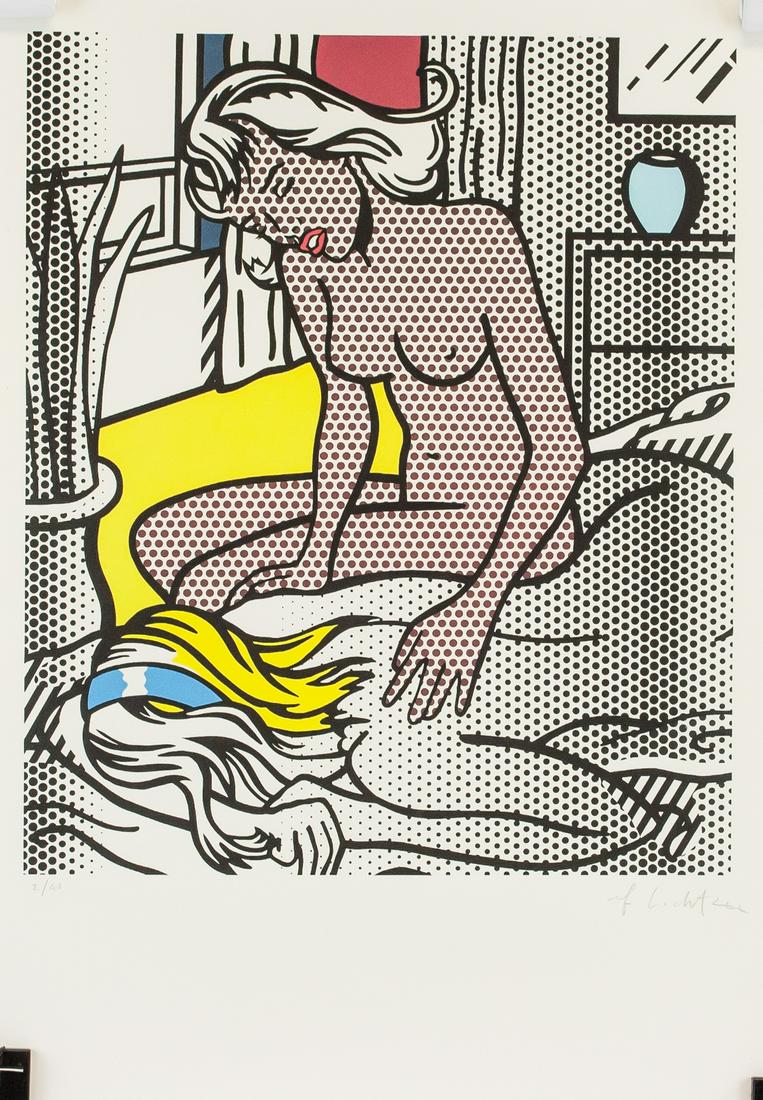 Roy Lichtenstein American Pop Signed Litho 2/40: Lithograph on paper. Entitled, "Two Nudes." Inscribed 2/40 and signed Roy Lichtenstein on the lower left and lower right corner, respectively. Inscribed on verso Roy Lichtenstein - Nude Series, Two Nu