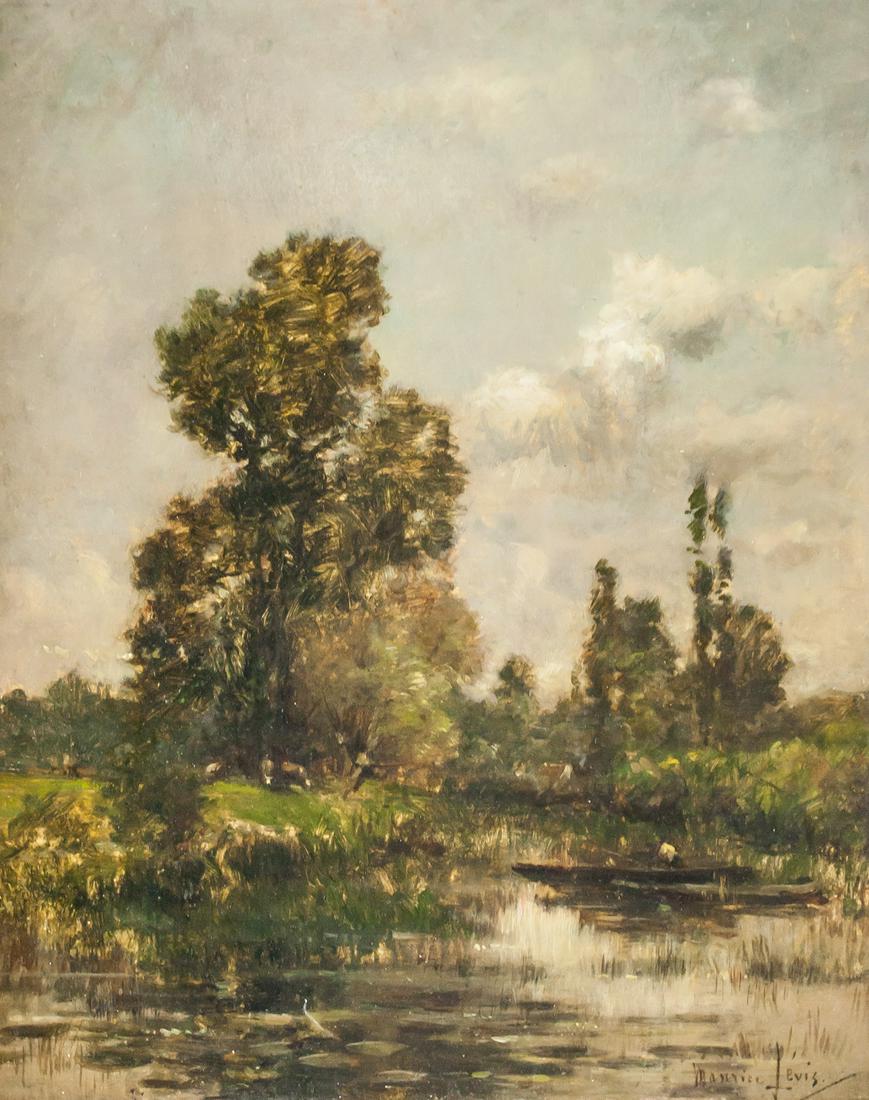 Maurice Levis 1860-1940 French Oil on Panel: Oil on panel, framed. Featuring landscape scene with a small boat headed toward the shore. Signed "Maurice Levix" in the bottom right corner. Stamped illegibly on verso. Label attached to verso reads