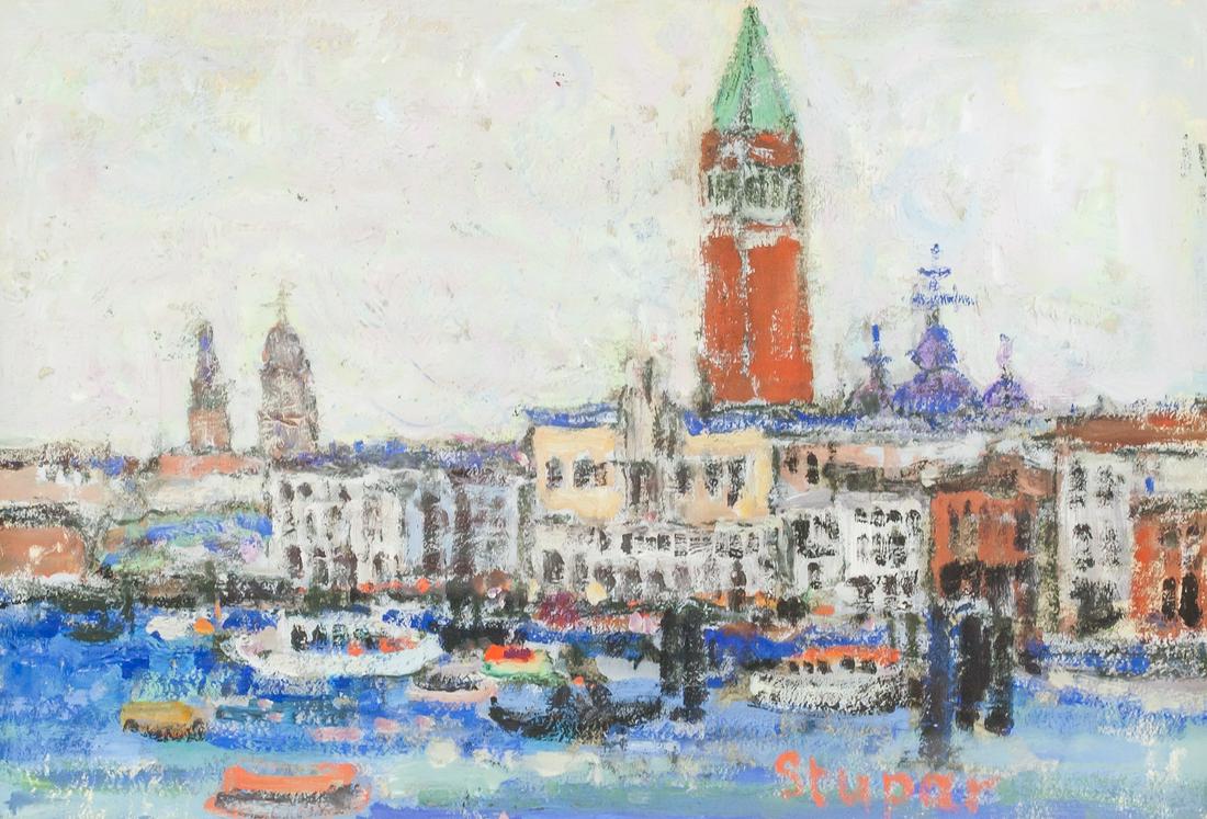Marko Stupar 1936- Serbian Oil on Carton: Oil on carton, framed. Featuring city view of Venice. Signed "Stupar" to the bottom right. Label affixed to verso reads "1516-193 MARKO STUPAR O/C 20 X 30 cm". Attributed to Marko Stupar (1936- , Serb
