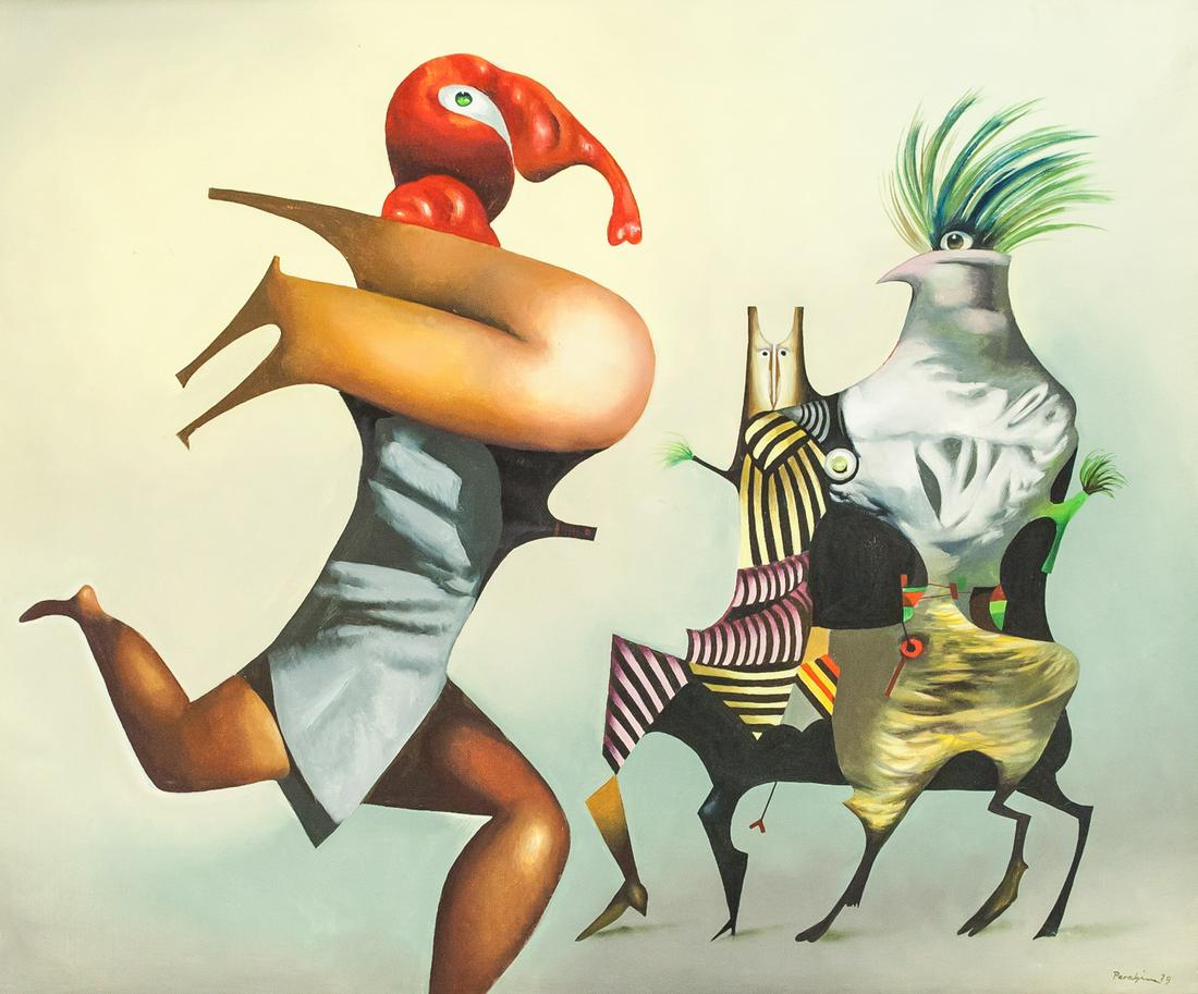 Jules Perahim 1914-2008 French-Romanian OOC: Oil on canvas, framed. Featuring surrealist composition. Signed "Perahim" in the bottom right corner, with "79" inscribed beside the signature. Label attached to verso reads "346 JULES PERAHIM 1914-20