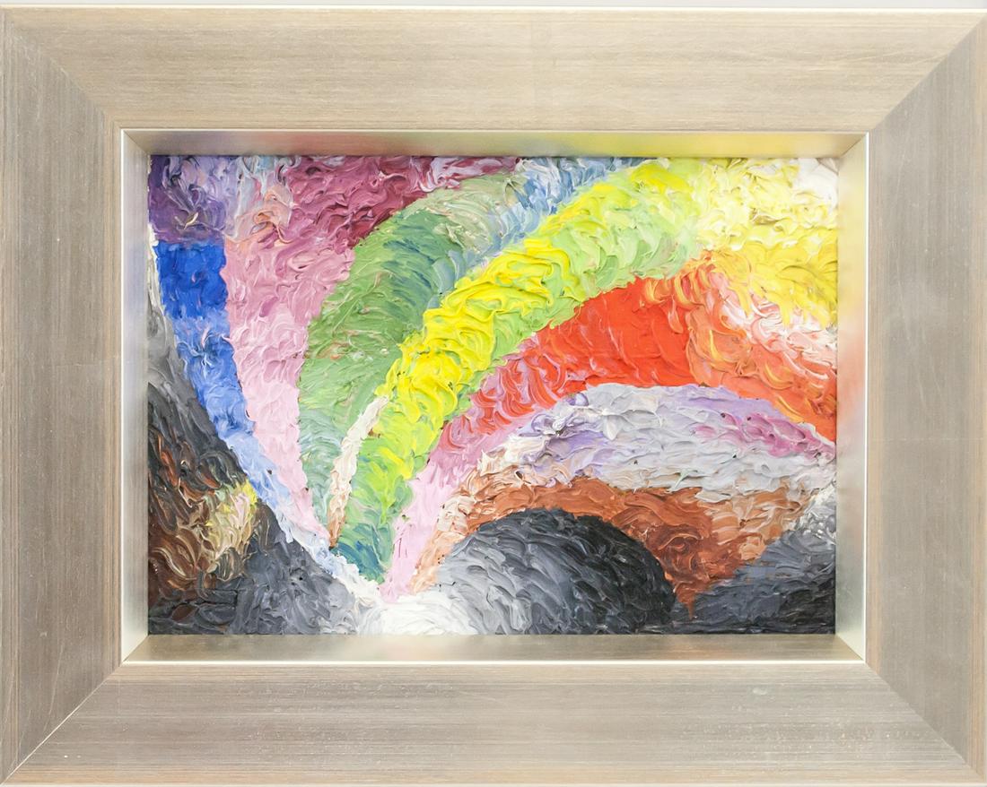 Henry Valensi 1883-1960 Algerian-French OOP: Oil on panel, framed. Featuring abstract rainbow composition, done with thick brush strokes. Label attached to verso reads "381 HENRY VALENSI 1883-1960 OIL ON PANEL 17 x 24 cm". Attributed to Henry Va