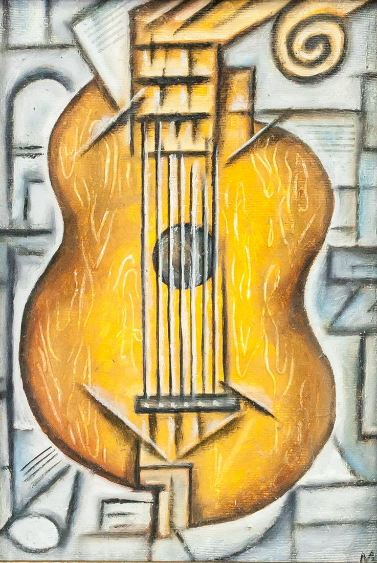Eugenia Magaril Russian-Soviet Modernist OOC: Oil on canvas, framed. Featuring a guitar and entitled, 'Guitar' on verso. Signed in Russian cyrillic. Attributed to Eugenia Magaril (1902-1987, Russian). Canvas: 25 x 17 cm (9.75 x 16.75 inches). Fra