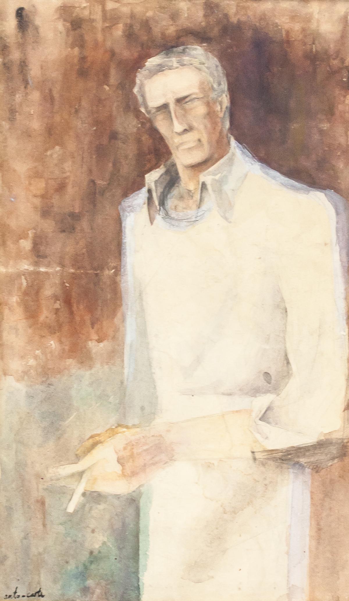 Anto Carte Belgian Modernist Watercolor on Board: Watercolor on board, framed. Featuring a portrait of a man. Signed anto-carte on the lower left corner. Attributed to Anto Carte (1886-1954, Belgian). 48 x 30 cm (18.5 x 11.5 inches), Frame: 54 x 36 c