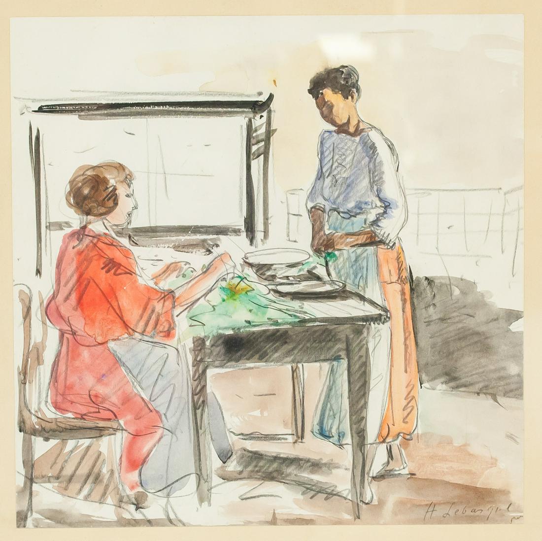 Henri Lebasque 1865-1937 French Watercolor: Watercolor on paper, framed. Featuring two women preparing a meal. Signed "H. Lebasque" in the bottom right corner. Label attached to verso reads "272 HENRI LEBASQUE 1865-1937 WATERCOLOR 26 x 26 cm".