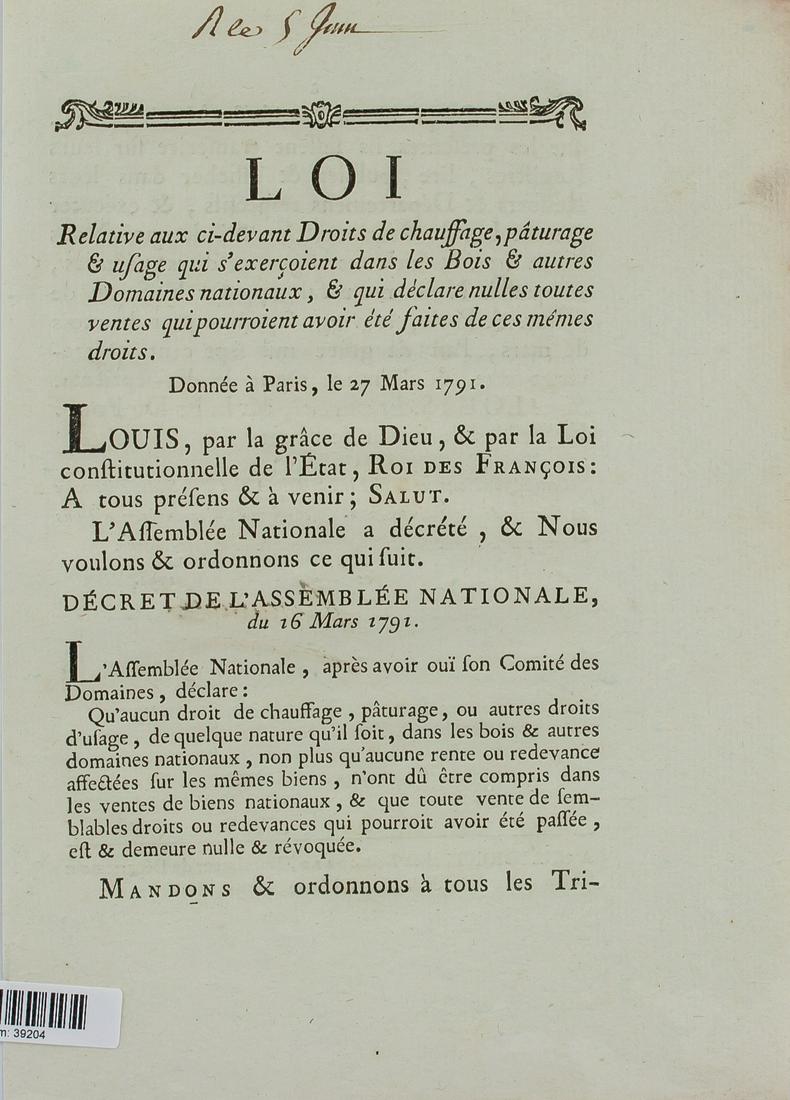 1791 French Forestry Rights Manuscript (1 of 3)