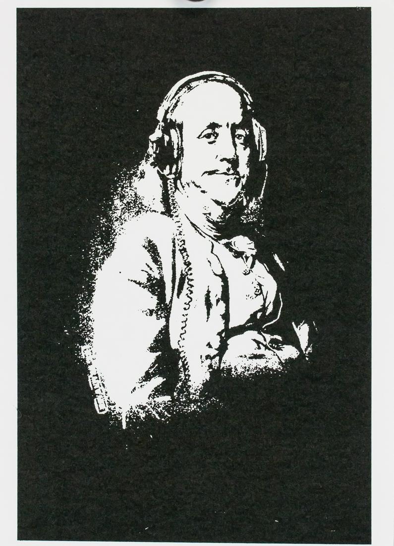 Mr. Brainwash French Pop Signed Silkscreen 74/100: Silkscreen on paper. Featuring black and white portrait of Benjamin Franklin wearing headphones. "P. No.: 79" inscribed on verso. "74/100" inscribed on verso. Signed "M. Brainwash" on verso. "Original