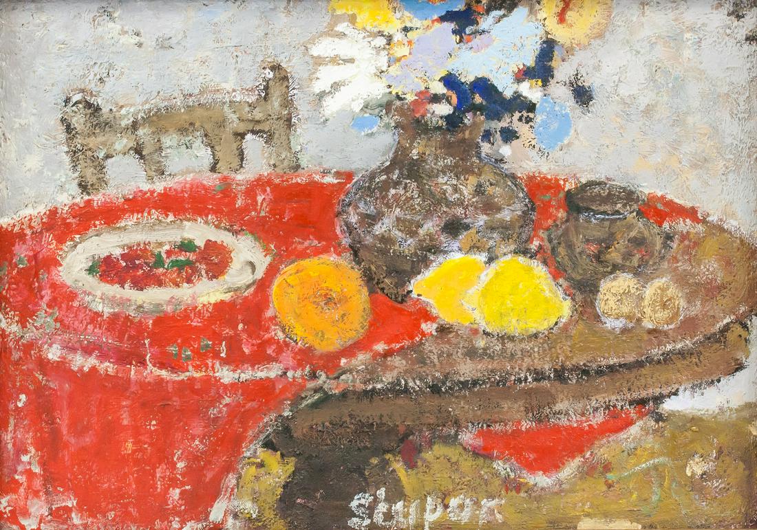 Marko Stupar 1936- Serbian Oil on Canvas: Oil on canvas, framed. Featuring still-life of a dining table with flowers and lemons. Signed "Stupar" in the bottom center. Label attached to verso reads "1512/189 MARKO STUPAR O/C 33 x 46 cm". Label