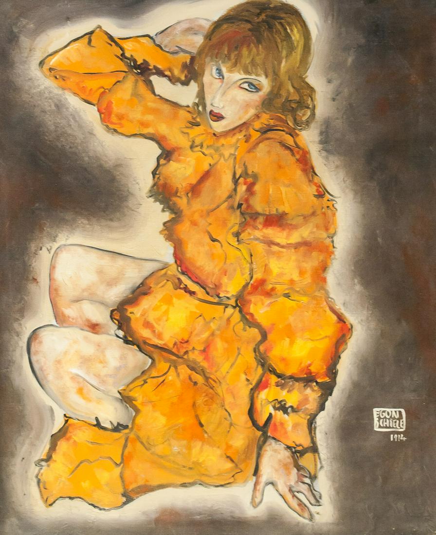 Egon Schiele Austrian Modernist Oil on Canvas 1914: Oil on canvas, framed. Featuring a young woman. Signed EGON SCHIELE and inscribed 1914 beside signature on the lower right corner. Label affixed to verso inscribed SERGE SABARSKY GALLERY / 987 Madison