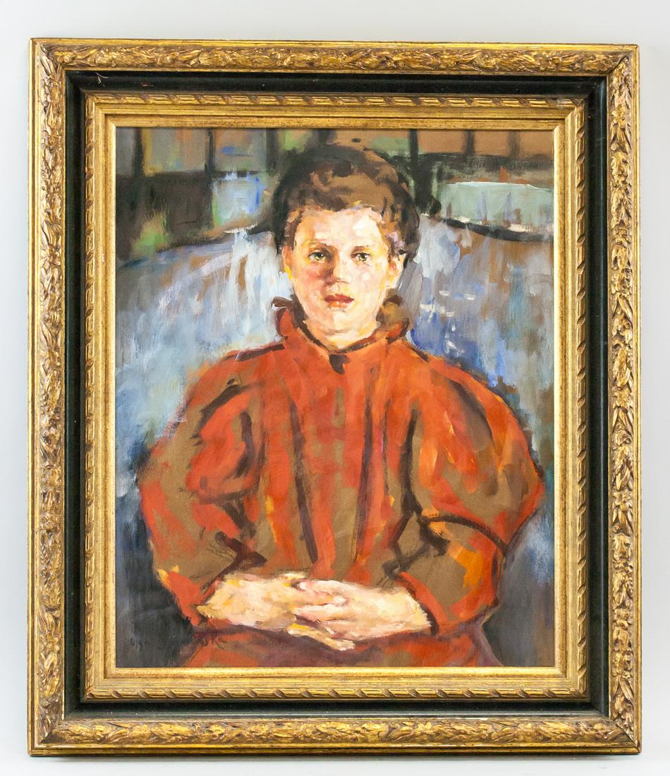 Olga Boznanska Polish Oil on Board MUZEUM NARODOWE: Oil on board, framed. Featuring a portrait of a seated woman in red dress. Signed Olga Boznanska on the lower left corner. Label affixed to verso inscribed Olga Boznanska / wystawa / w Muzeum Narodowy