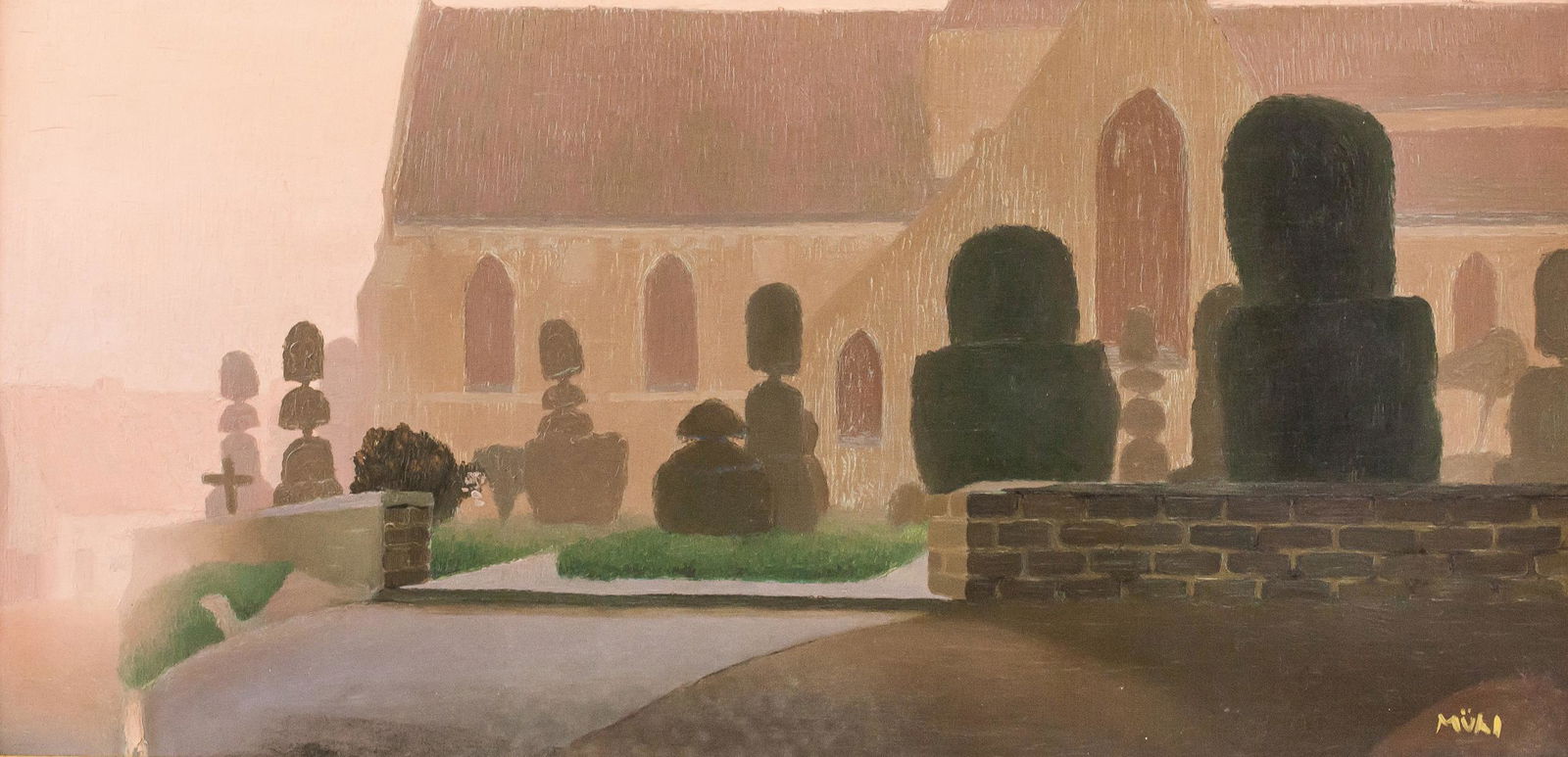 Roger Muhl French Oil on Board Landscape: Oil on board, framed. Featuring a landscape scene of a church and cemetery. Label affixed to verso inscribed David B. Findlay Galleries / 11 East 57th Street New York, N. Y. 10022 / ROGER MUHL / born